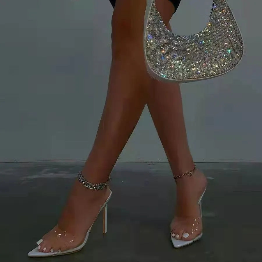 Women's black ultra-high vamp stiletto heel slippers with pointed toe, PU upper, and rubber sole.
