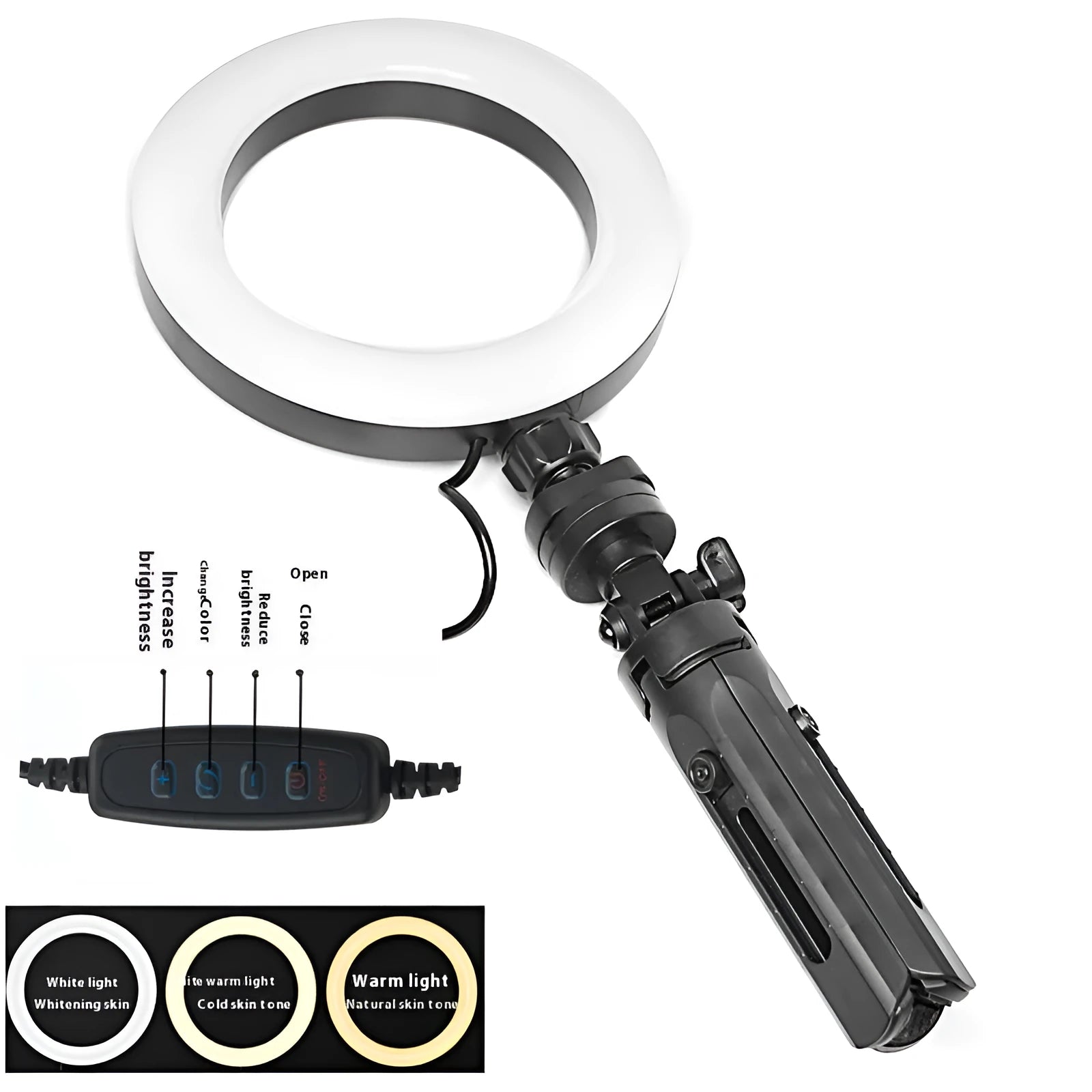 Mobile live streaming bracket with adjustable fill light on desktop tripod in black colour