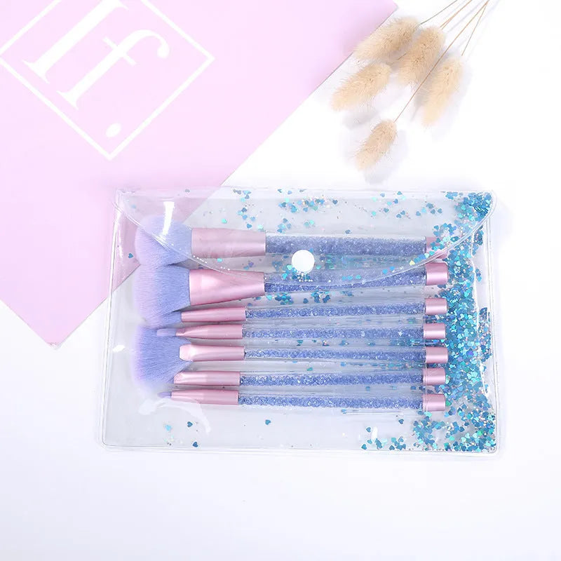 7-piece makeup brush set with rayon bristles, PU tip, long plastic handle, 20cm length, pink colour