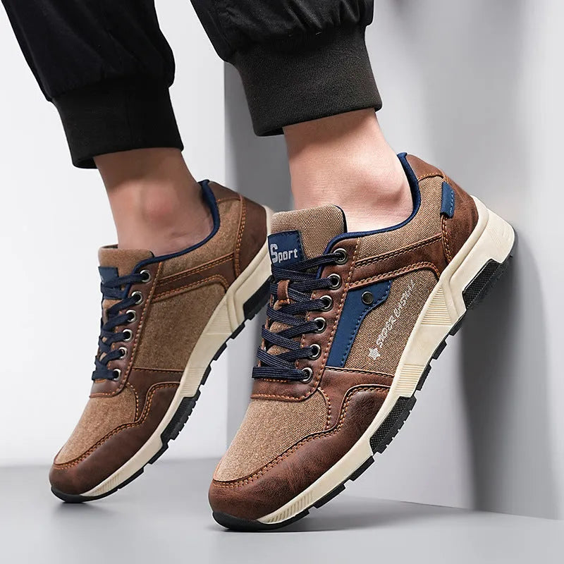 Men's casual retro plus size outdoor shoes in solid colour with EVA sole, artificial leather upper, front lace-up, flat heel, round toe