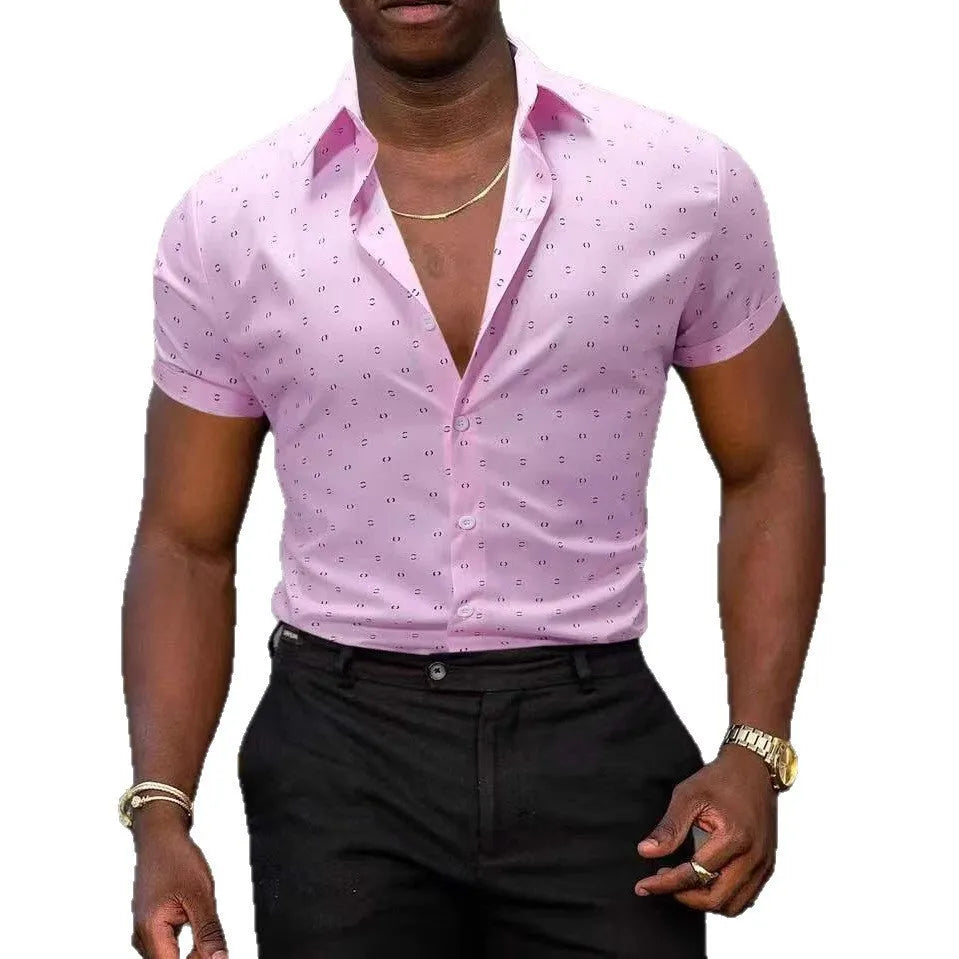 Men's floral print short-sleeve shirt in light blue with elastic fabric and cardigan style