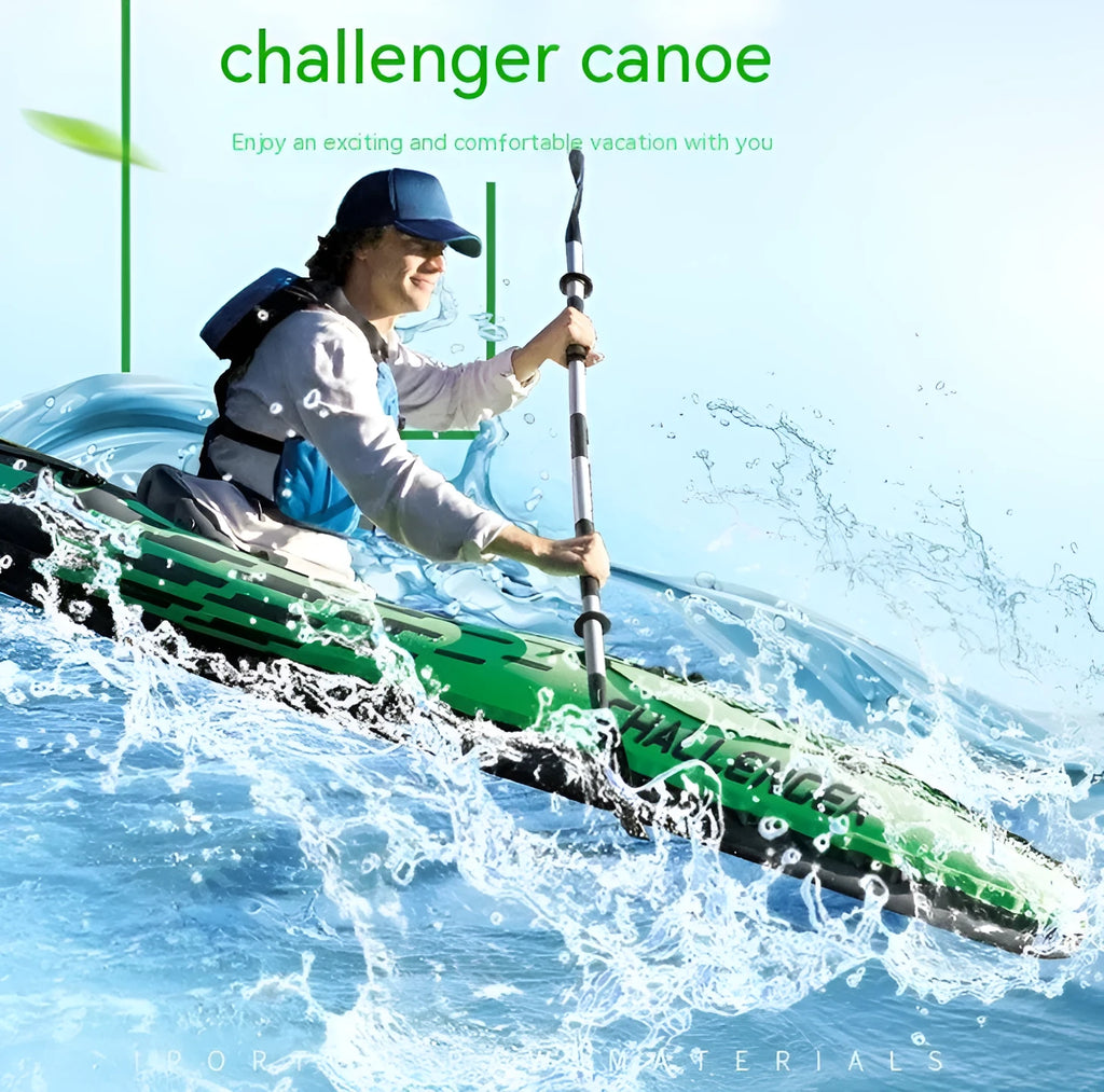 Inflatable two person kayak with PVC hull, double seat, air pump and paddle, 180kg capacity