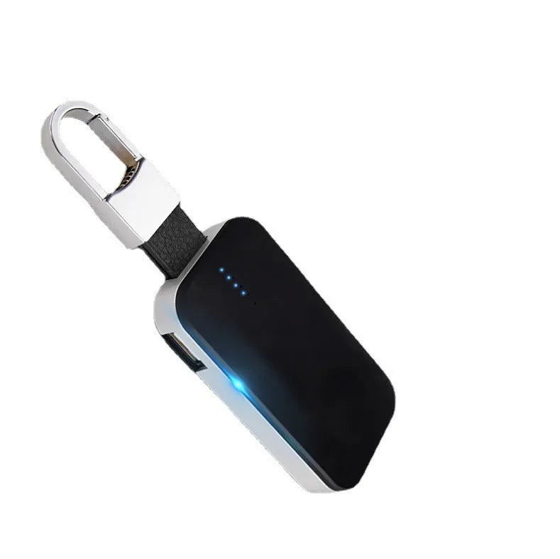 Black Apple Watch keychain power bank showing compact size and keychain loop.