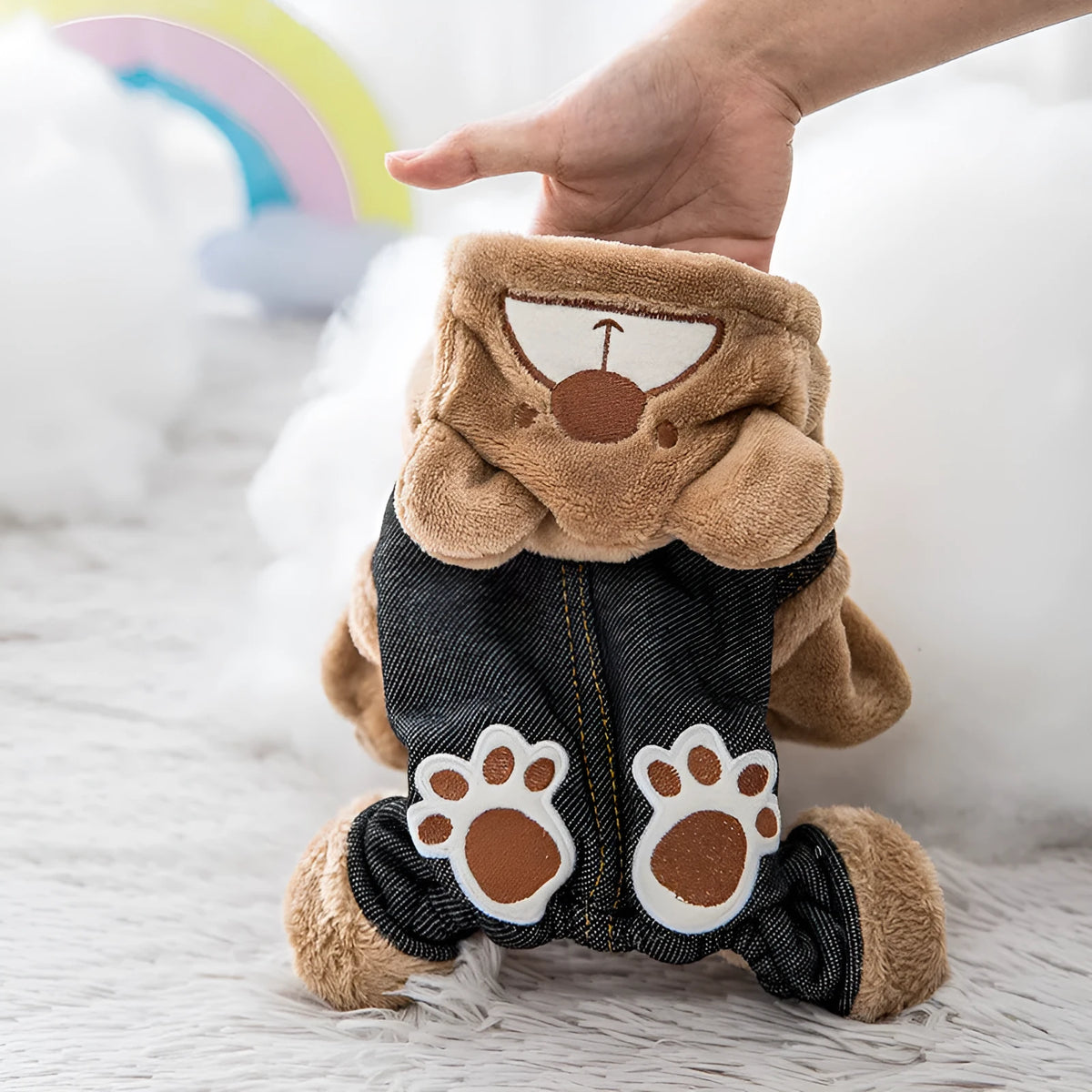 Paw print bear cotton padded pet clothes in brown black spot, grey navy blue spot, and thickened badge lattice, sizes XS to XL
