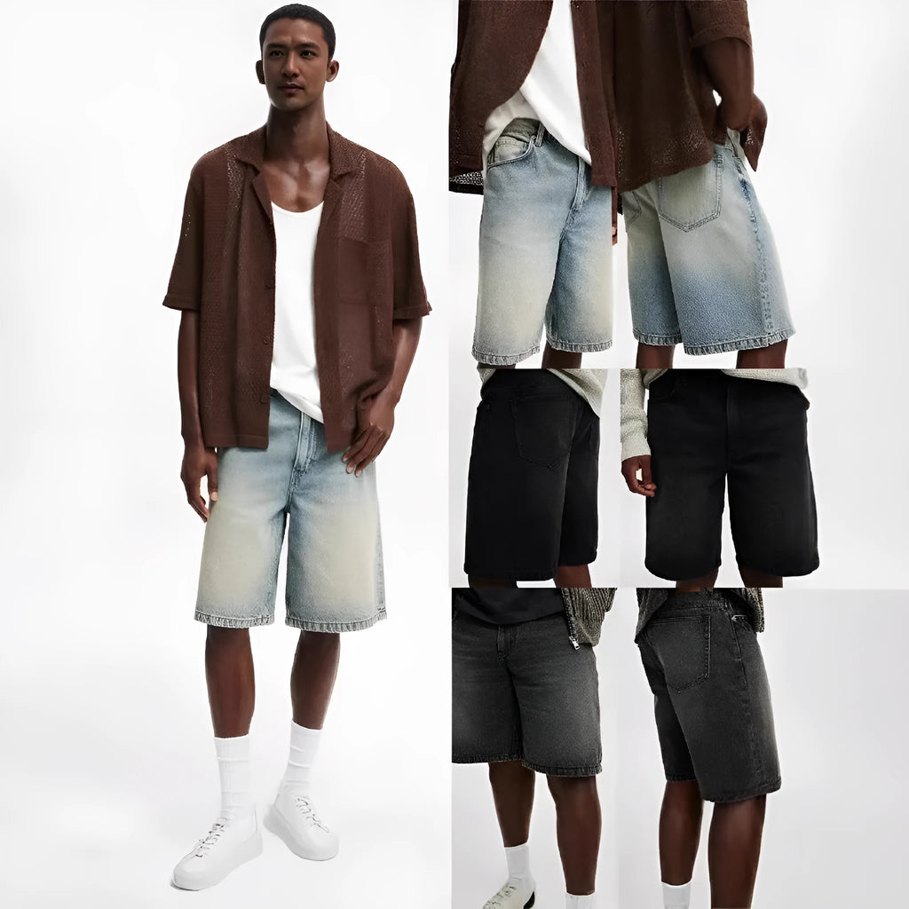 Men's light blue loose straight-leg cotton denim trousers on a mannequin.