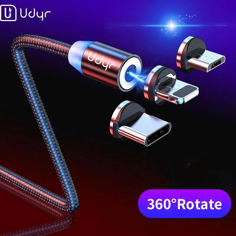 Magnetic USB data cable with interchangeable heads for iPhone Android Type-C devices in three lengths