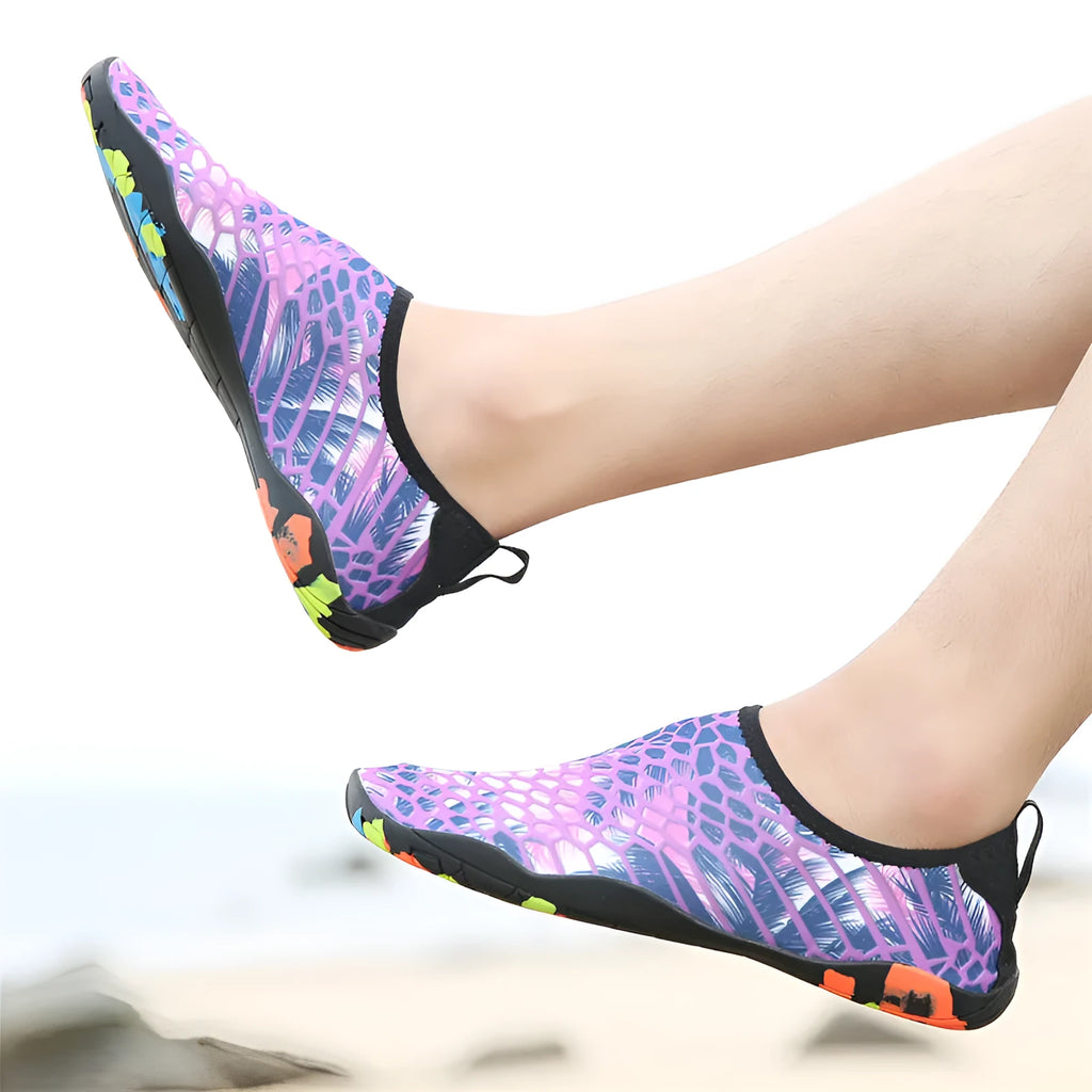 Lycra beach wading shoes in blue, black, pink, purple and camouflage colours for water activities