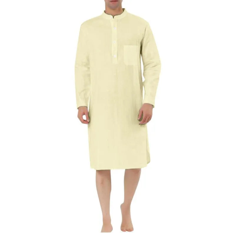 Men's cotton shirt robe with a front button closure and pockets, shown in a light blue colour.