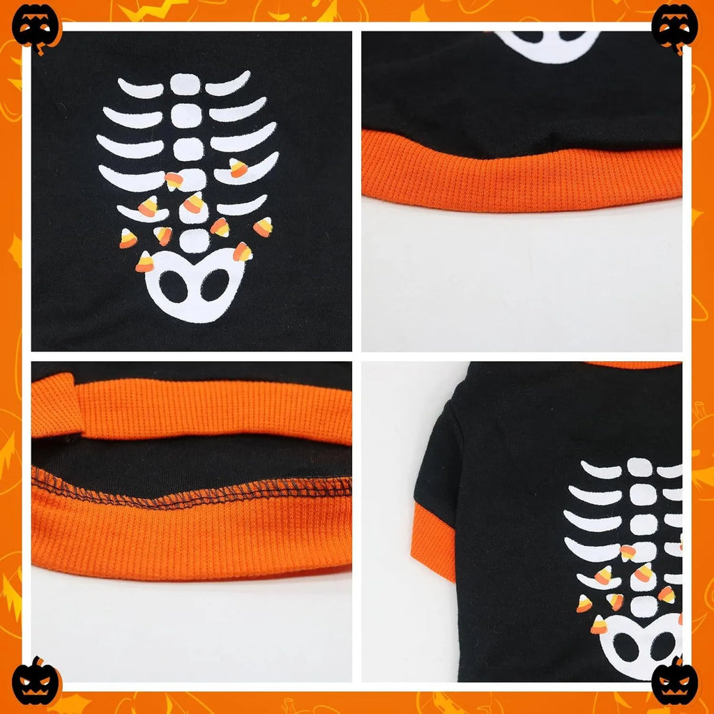 Halloween dog skeleton costume sweatshirt in Orange or White for small dogs and cats, sizes XS to XL.
