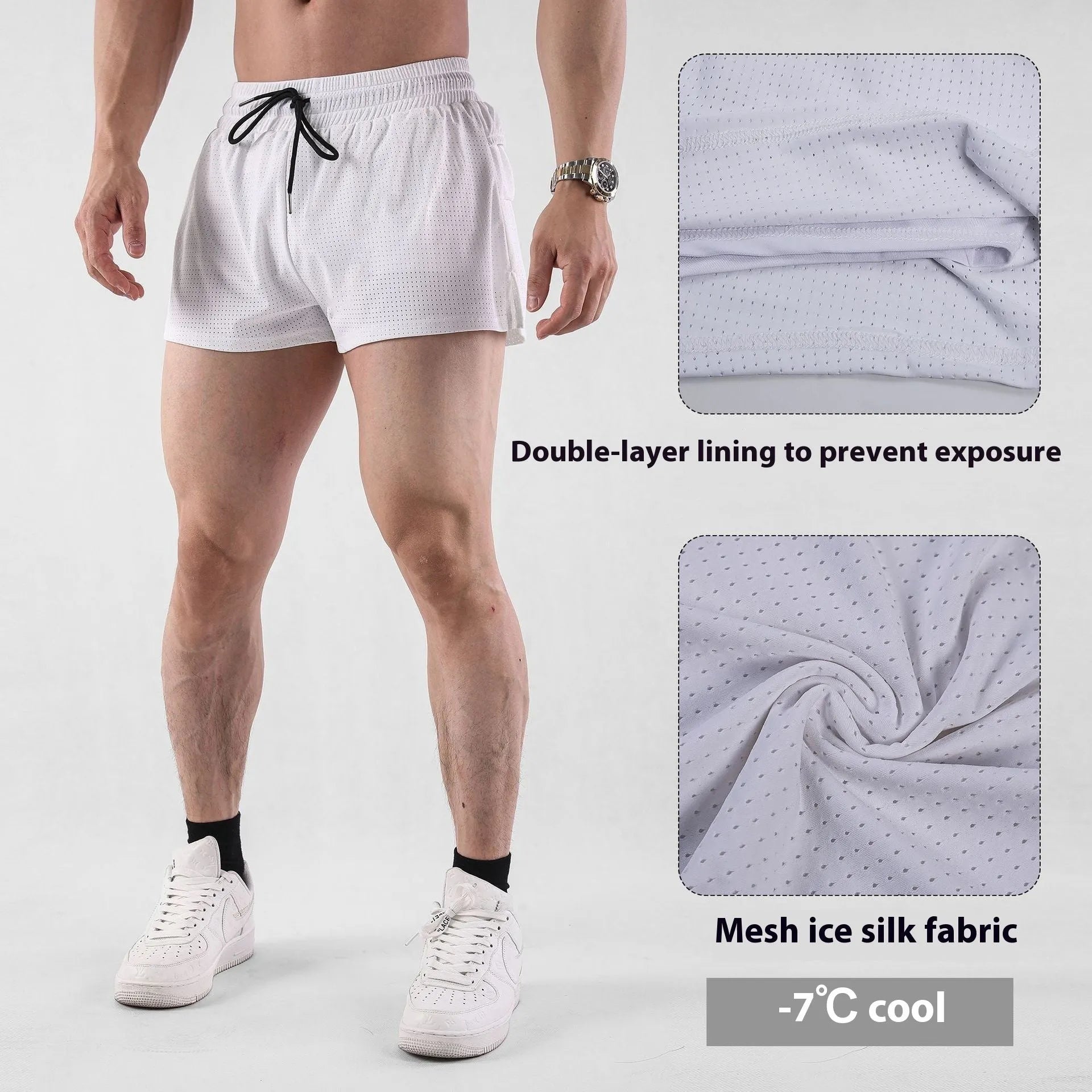 Man wearing black quick-drying nylon summer shorts with a mid-waist fit