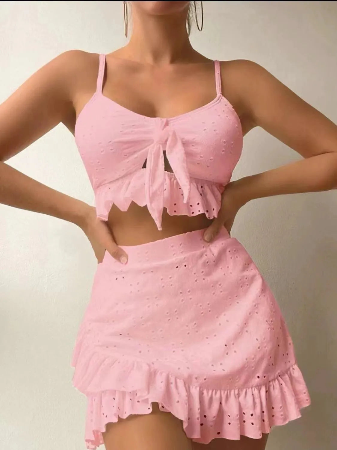 Women's solid colour three-piece bikini set with split hip skirt in multiple colour options