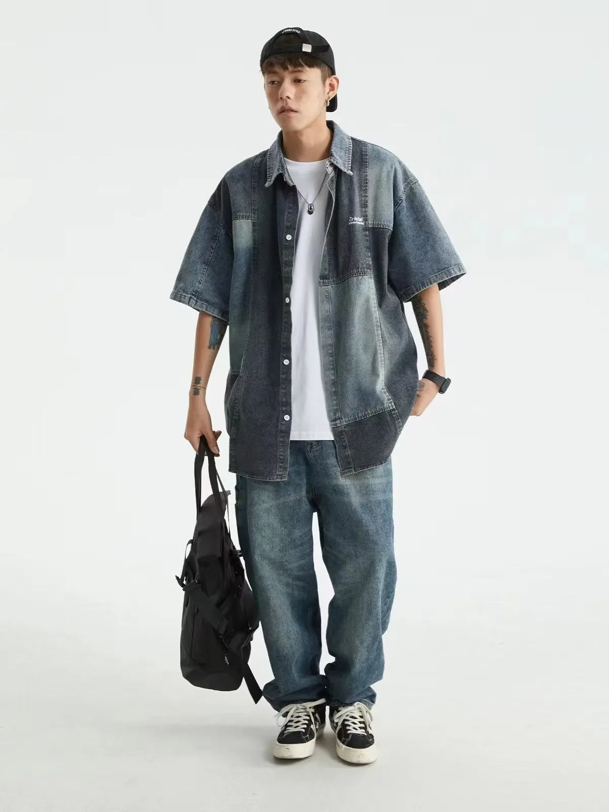 Blue Japanese-style retro denim shirt with washed stitching details in loose cardigan fit