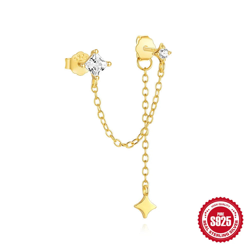 Sterling silver chain stud earrings with zircon inlay in geometric shapes including clover and crown designs