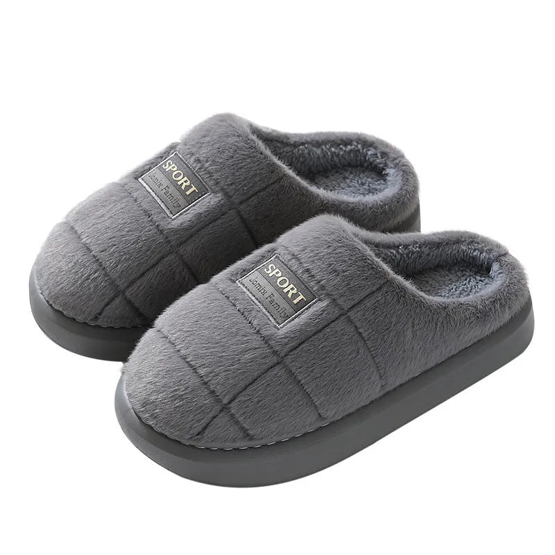 Men's plaid grey rabbit-hair winter slippers with a thick EVA sole