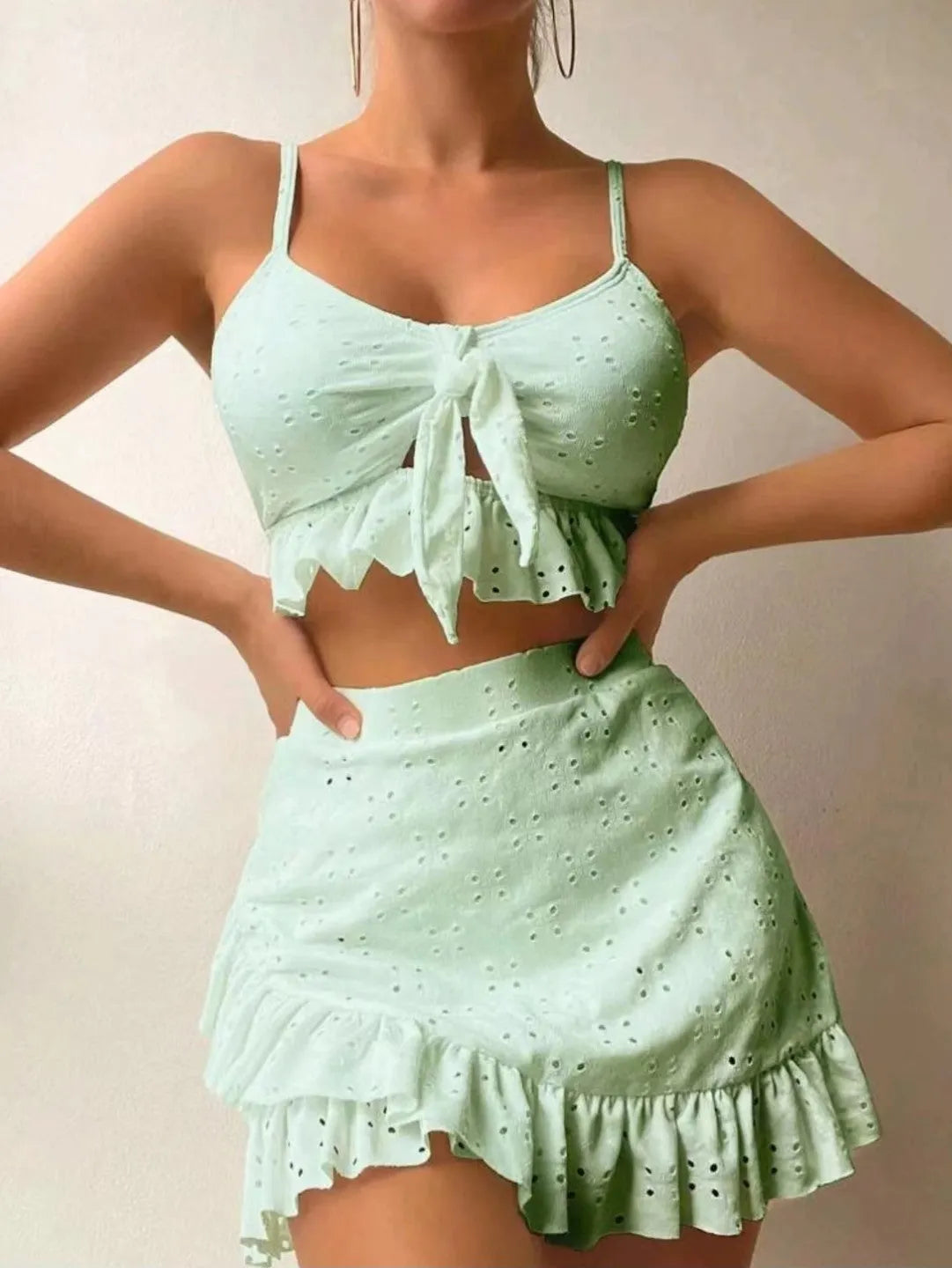 Women's solid colour three-piece bikini set with split hip skirt in multiple colour options