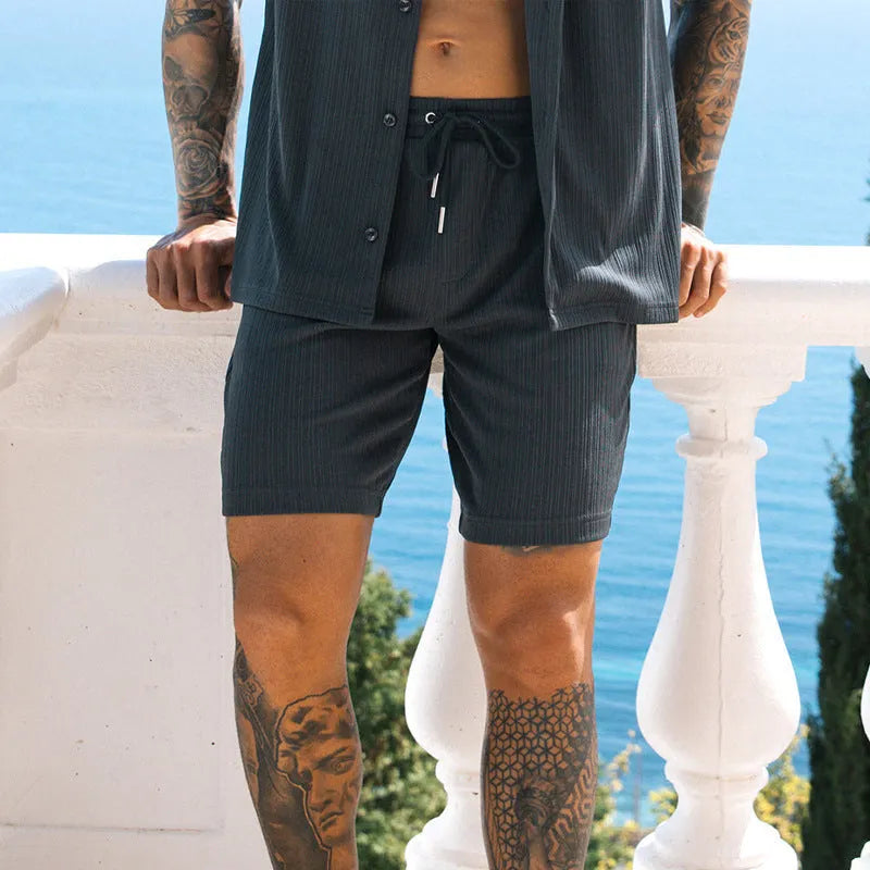 Men's two piece set with short sleeve lapel button shirt and matching shorts in cotton blend, summer beach streetwear outfit