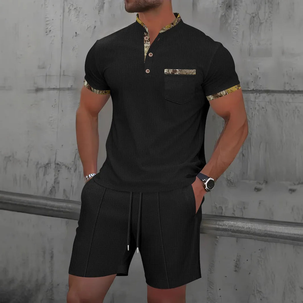 Men's grey cotton blend zip-up polo jacket and shorts suit set on a hanger.