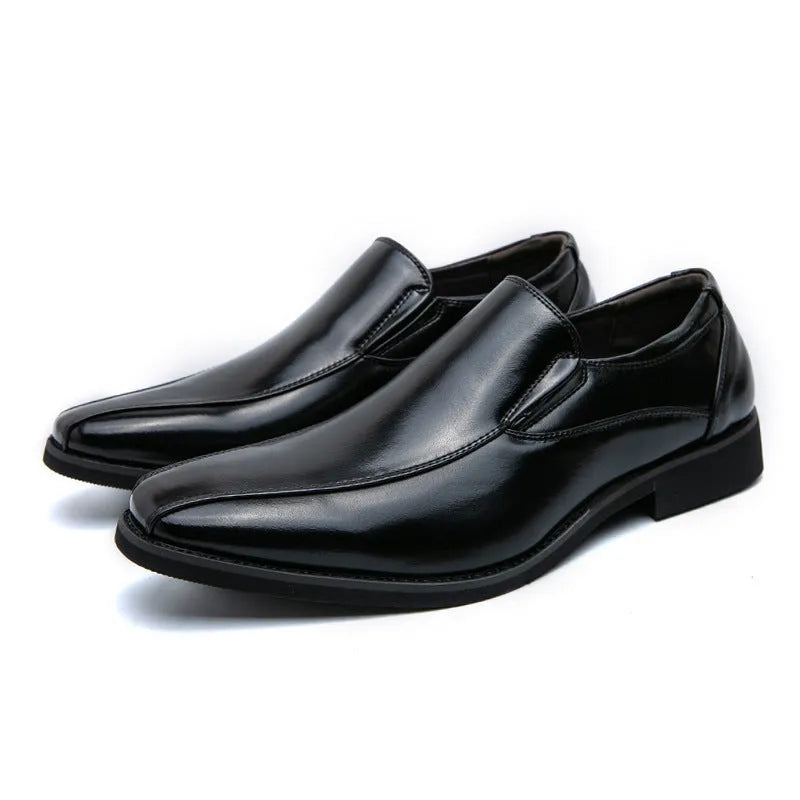 Men's black patent leather style pointed toe casual shoes with flat rubber sole