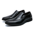 Men's black patent leather style pointed toe casual shoes with flat rubber sole