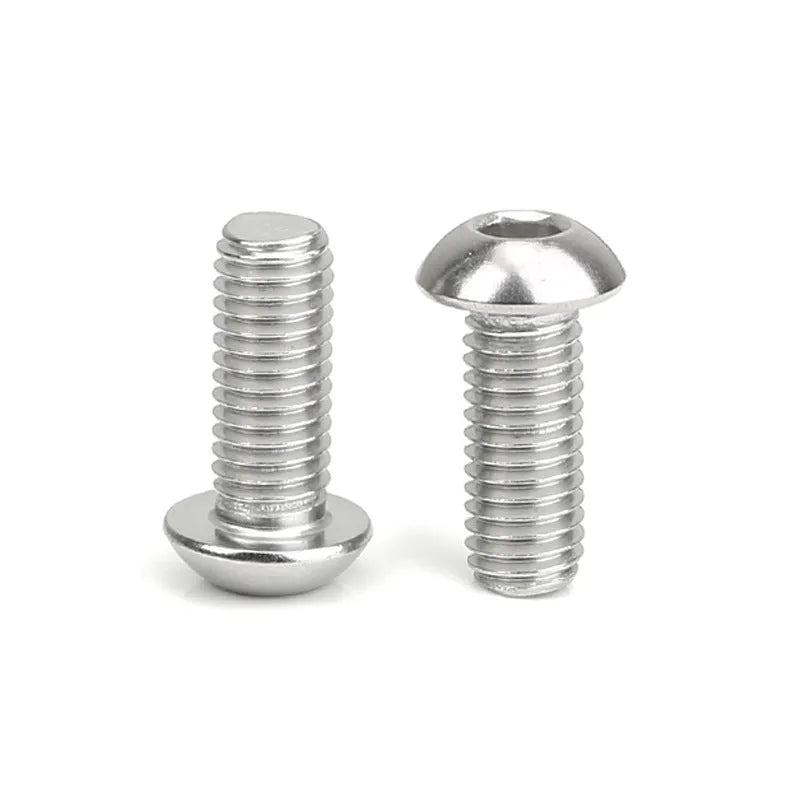 Stainless steel half round head pan head hexagon screw with hexagon socket drive on a white background