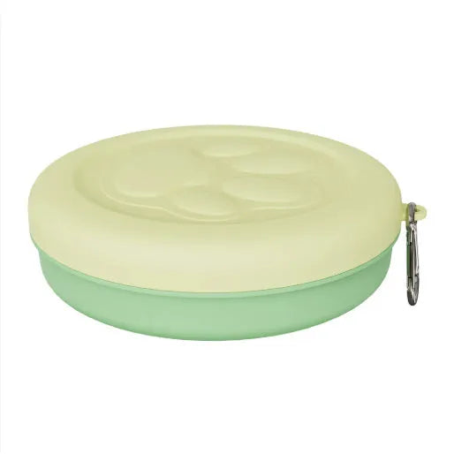 Collapsible portable dog bowl in light pink and green colour options showing folded and unfolded positions