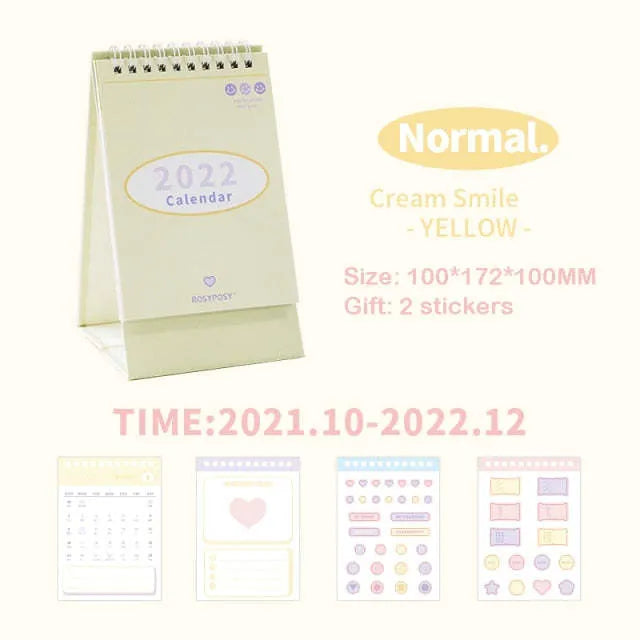 Cream coil-bound desk calendar for 2022, paper, 210g, Regular size 100x100x172mm, on a desk