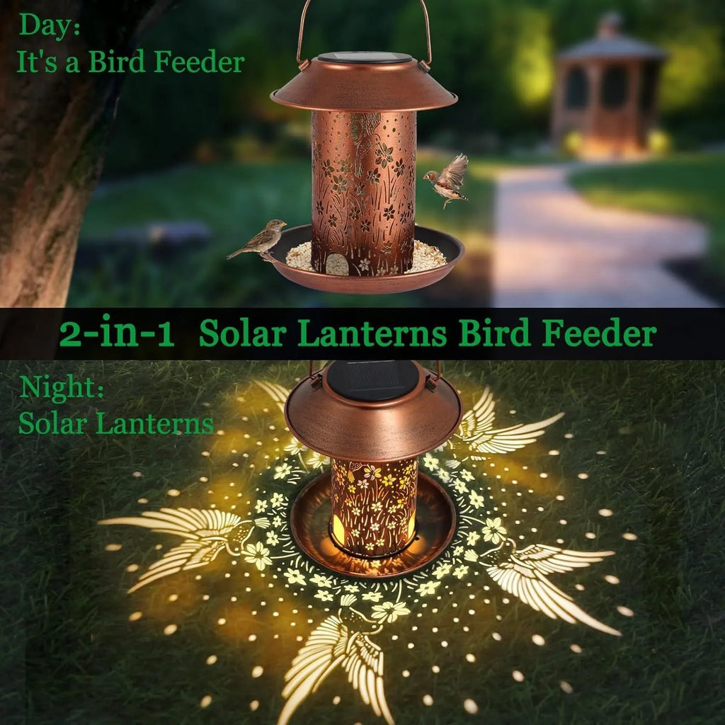 Solar lamp bird feeder with hummingbird pattern, waterproof iron art construction for outdoor gardens
