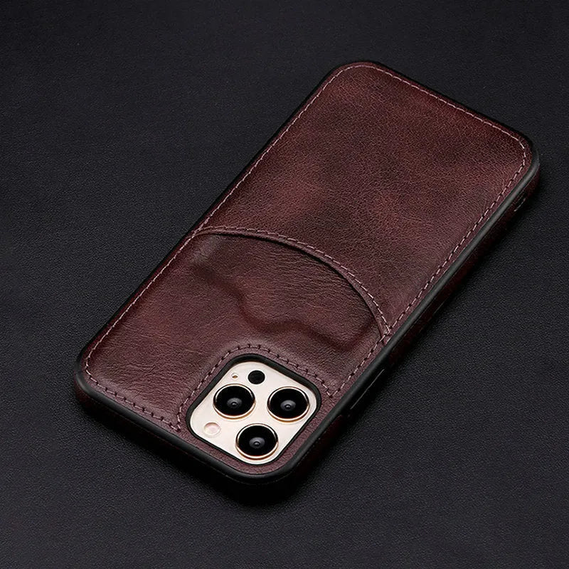 Dark blue PU leather protective case fitted on an iPhone, showing precise cutouts for camera and ports.