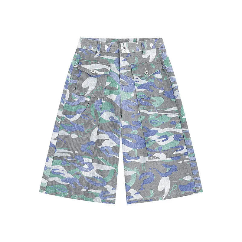 Cropped straight-leg camouflage cotton work trousers with a front pocket and zip fly.