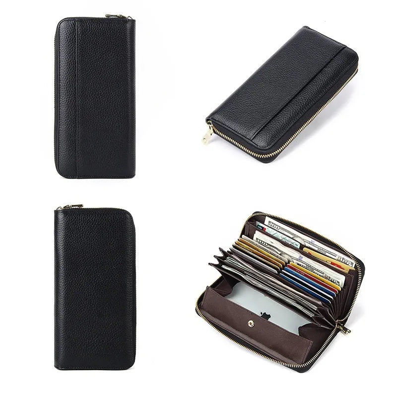 Long genuine leather women's wallet in a choice of colours, shown open to display multiple card slots and a large main compartment.