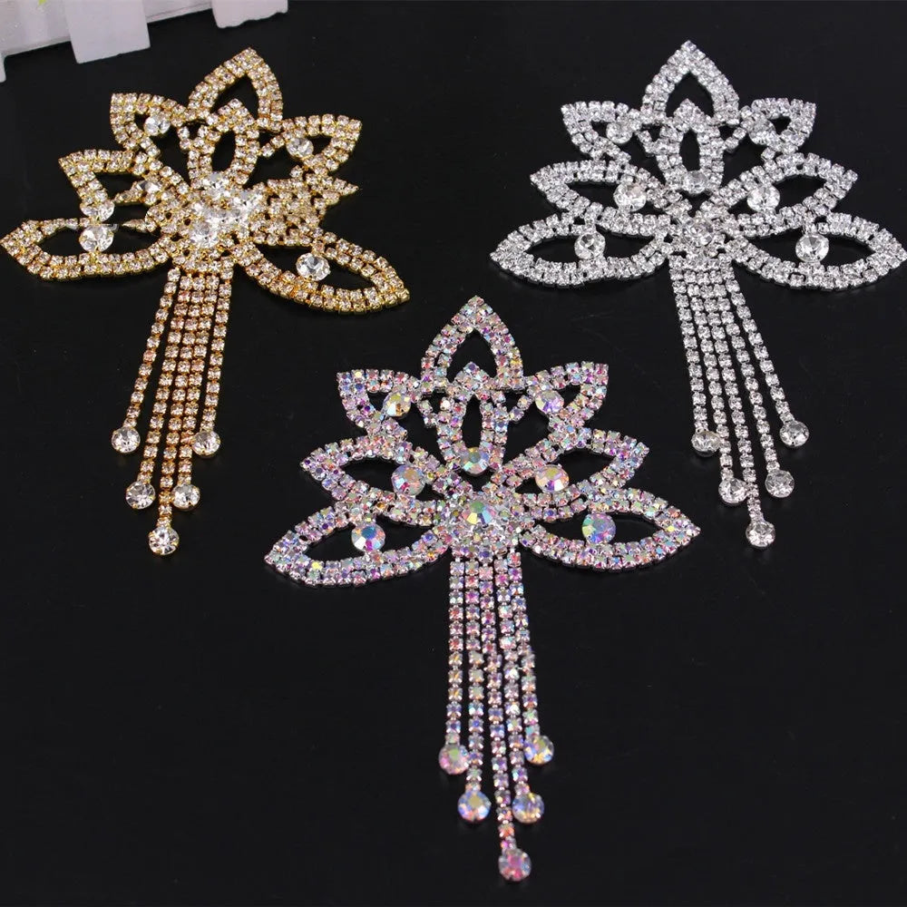 Crystal rhinestone flower applique with tassel in gold white diamond for wedding dress decoration