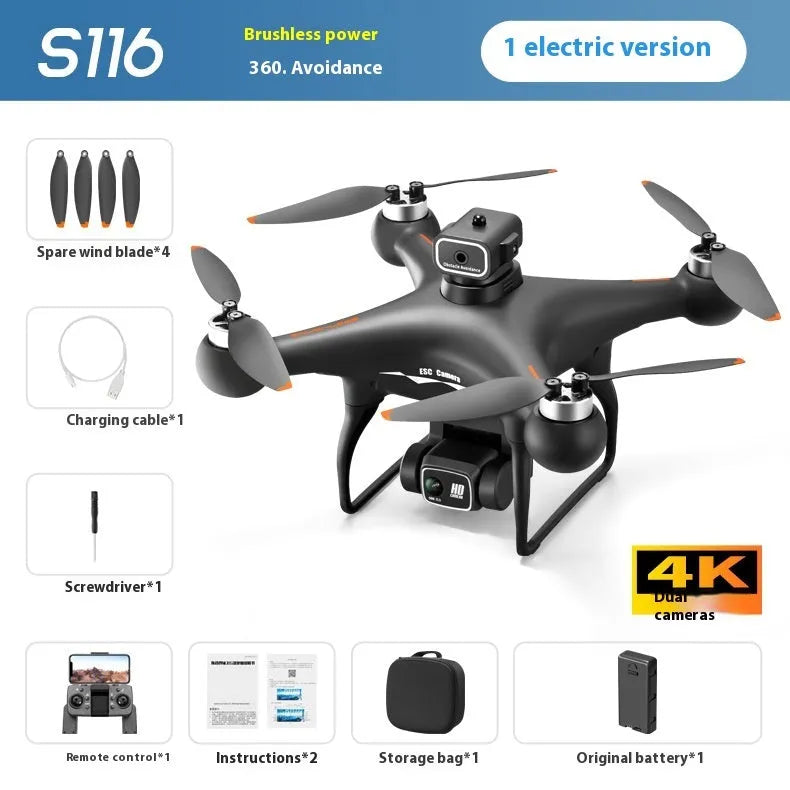 Black S116 drone with four propellers, obstacle sensors visible on its sides, next to its remote control transmitter.