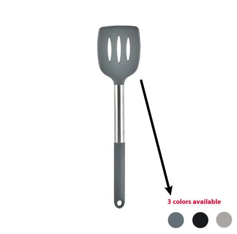 Black silicone kitchen utensil set with 12 tools stored in a rotating plastic storage bucket on a worktop.