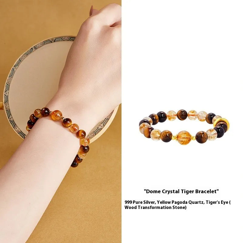 Women's sterling silver tigereye bracelet with 8mm dome tiger beads and certificate