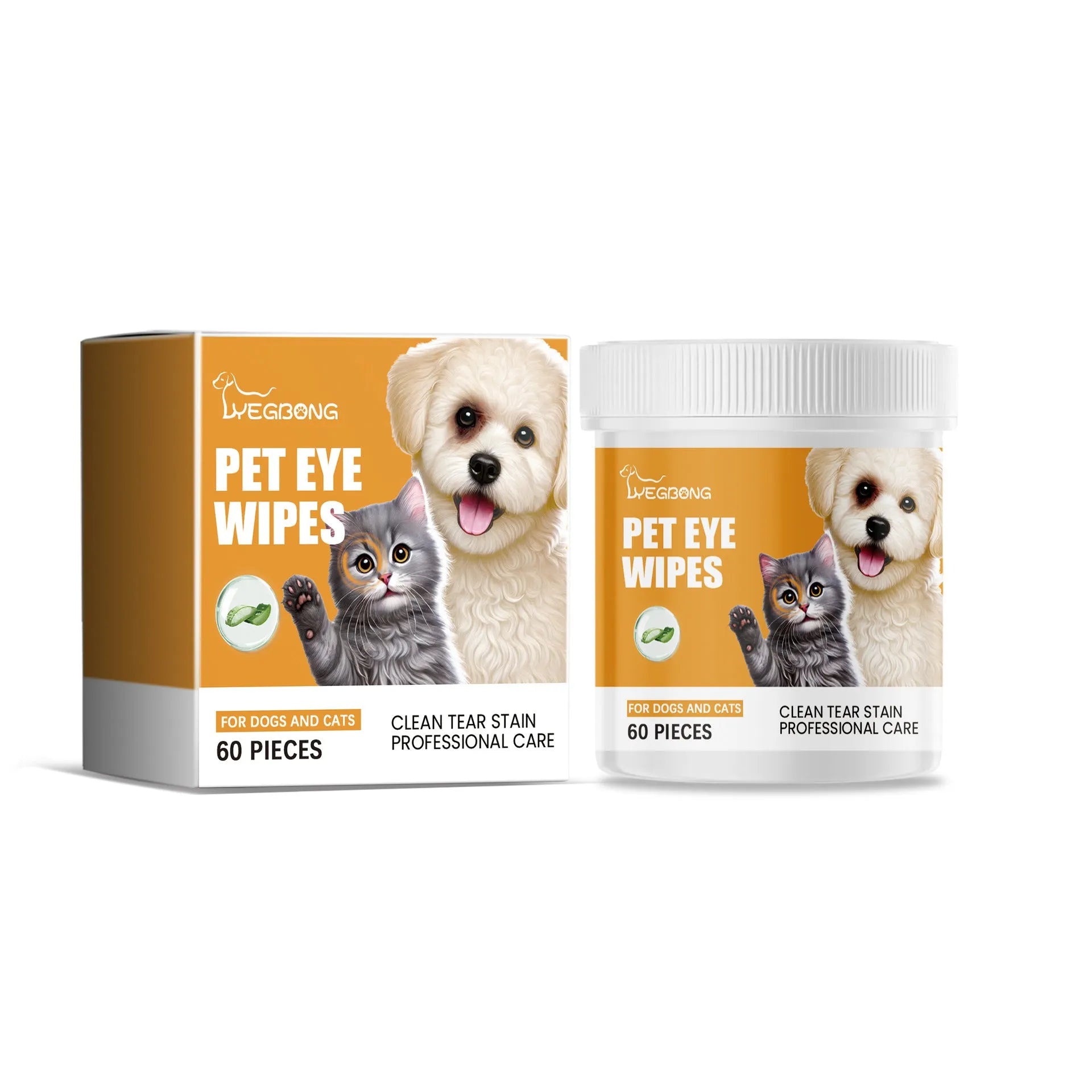Box of 60 pieces dogs and cats eyes wet wipes for tear stain removal on a white background