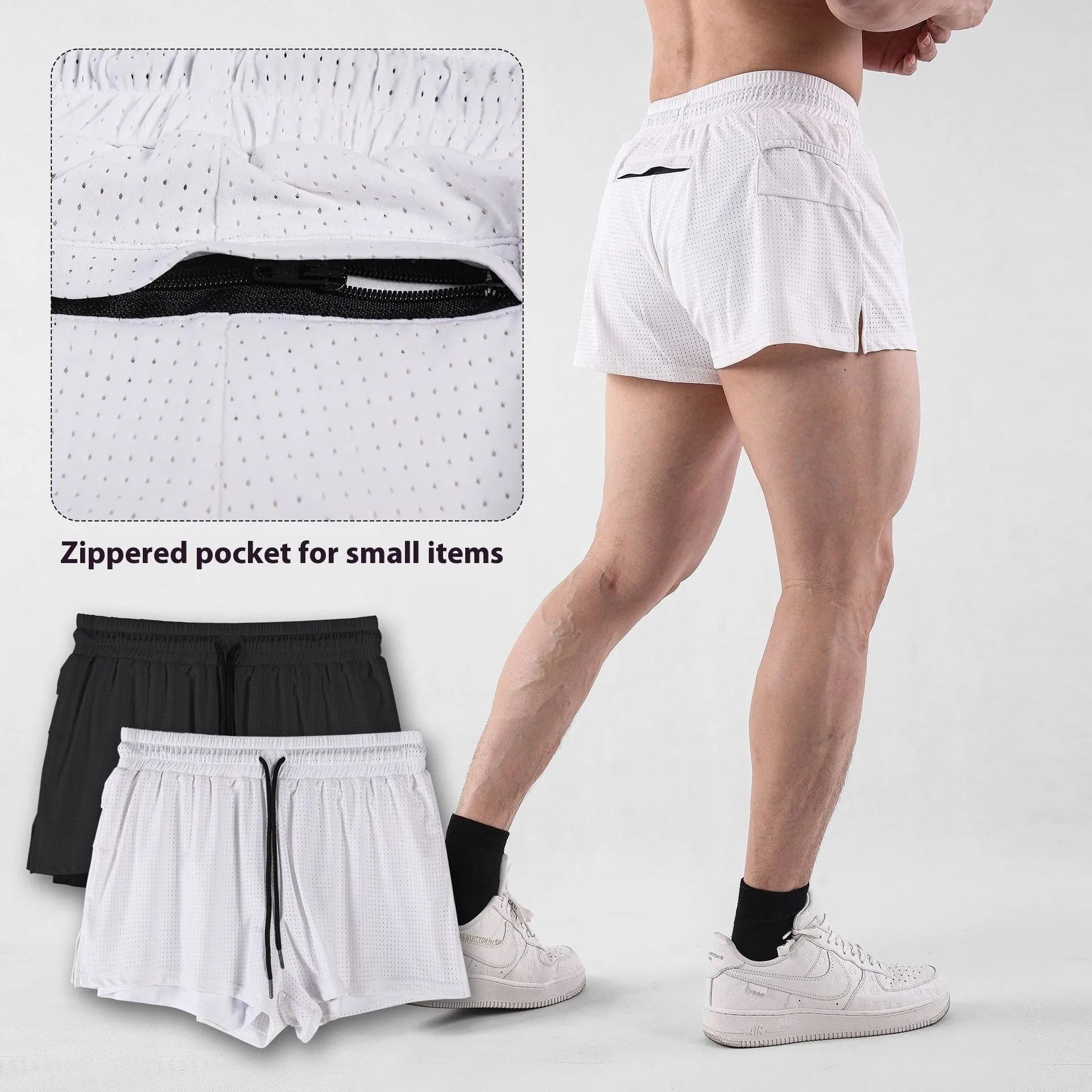 Men's black quick-drying nylon sports shorts on a mid-waist, shown from the front.