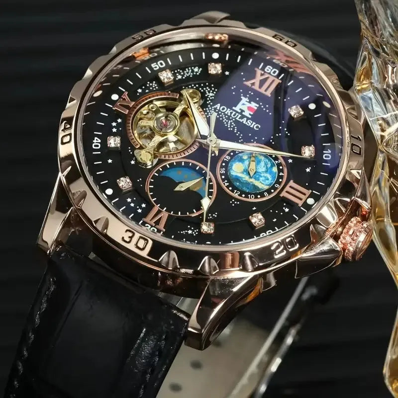 Men's black and rose gold automatic watch with a hollow dial and brown leather strap.