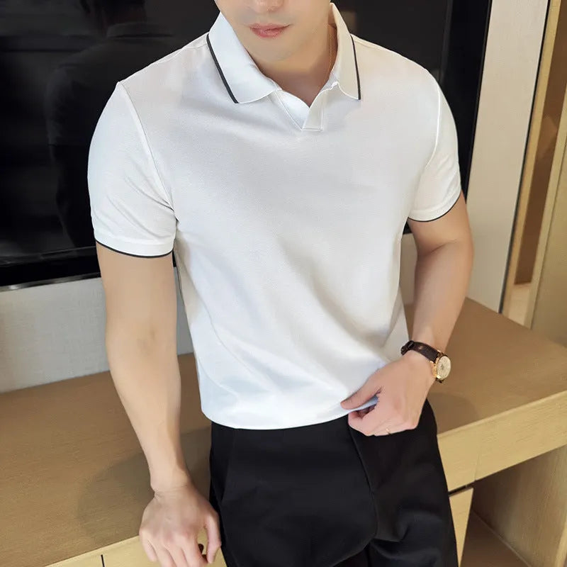 Men's solid colour short sleeve polo shirt in mercerised cotton blend fabric on a hanger