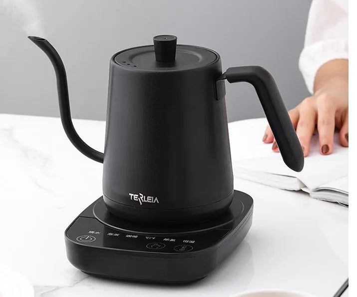 Slender mouth stainless steel electric kettle with heat preservation function for office use in black colour