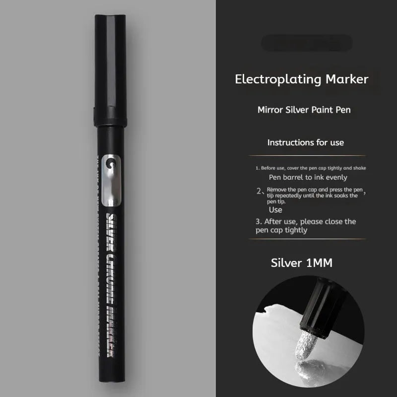Waterproof mirror marker pen with plastic cap, shown with 1mm and 2mm tip size options.