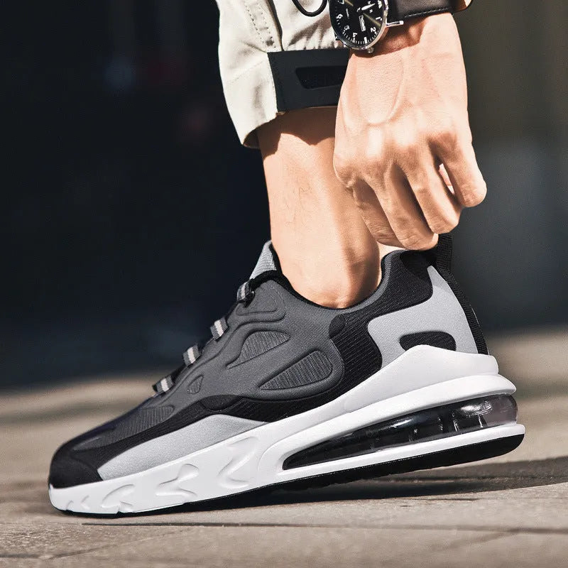 Men's low top breathable casual sports shoes with mesh inner and air cushion sole, available in three colours.