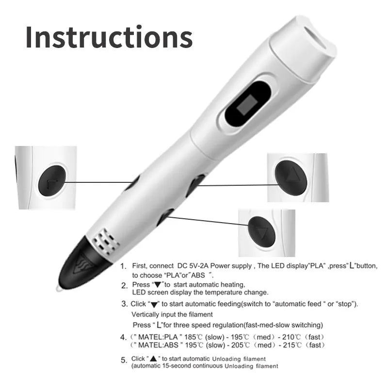 White 3D printing pen with USB cable and PLA filament roll for creative drawing