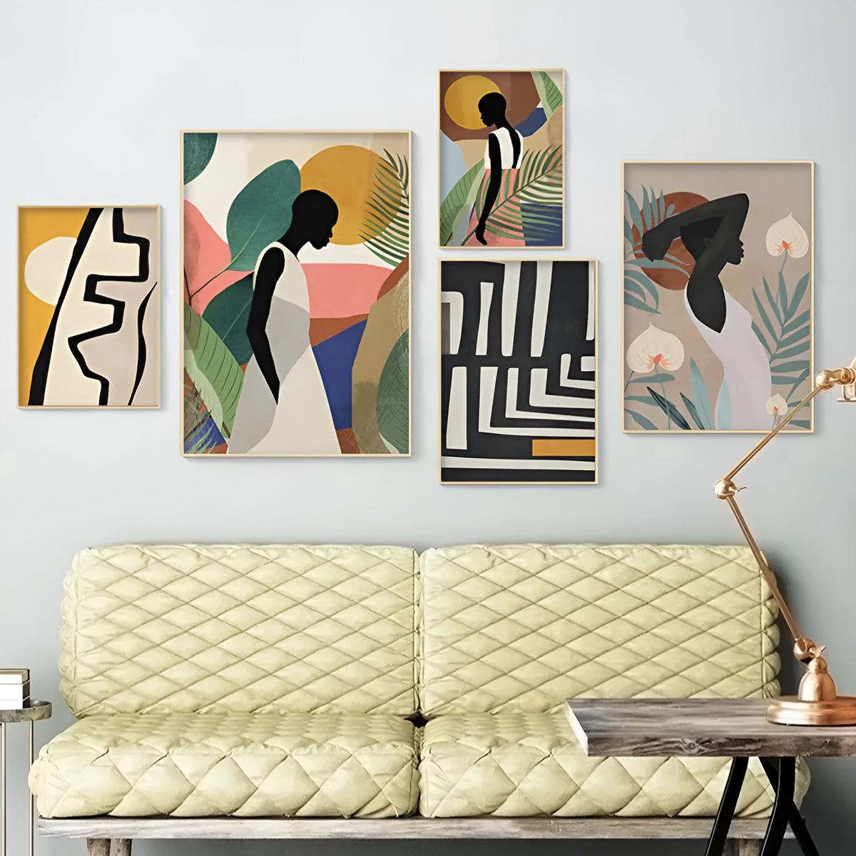 Abstract African women flower leaf mural canvas painting, unframed rectangular oil on canvas wall art