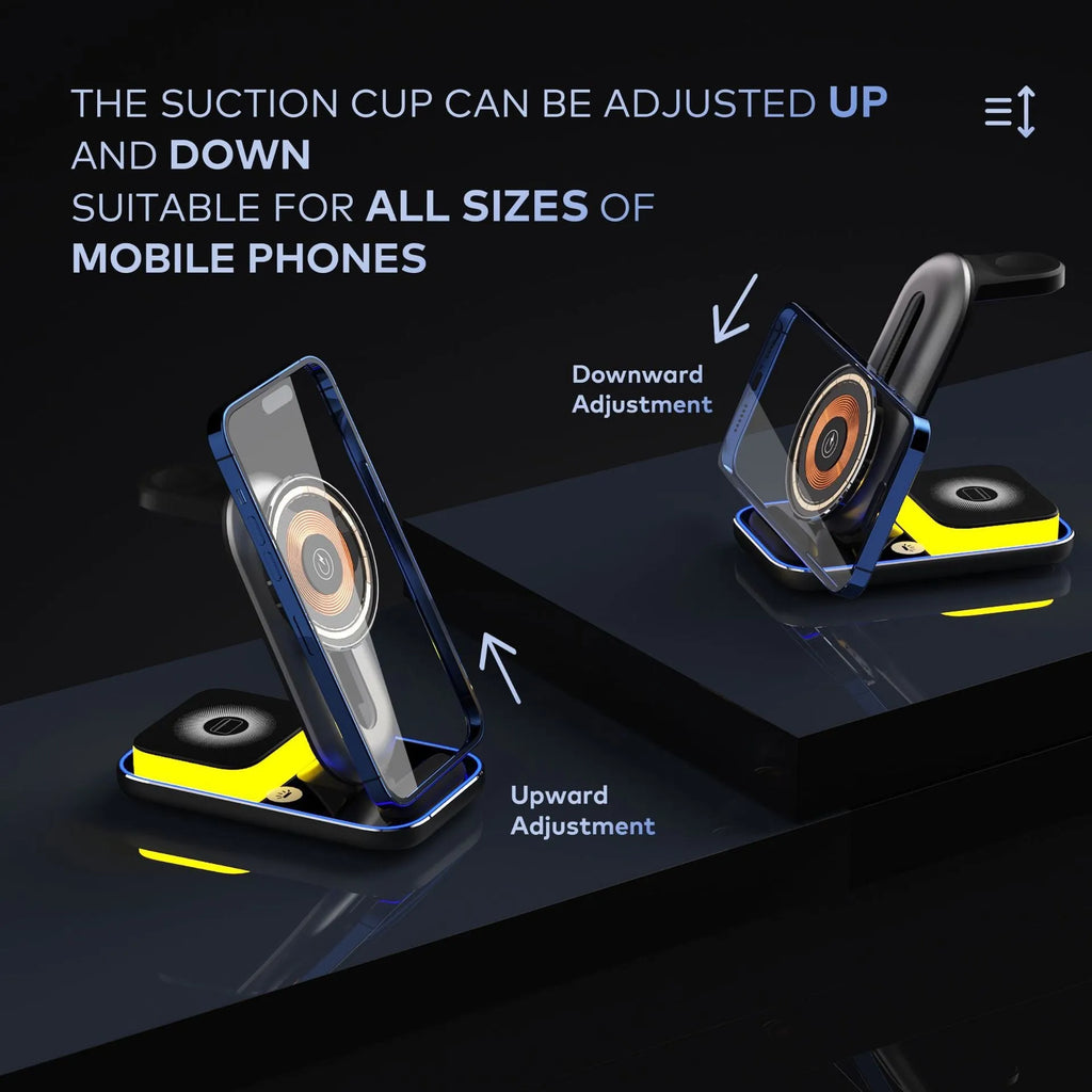 Three-in-one magnetic wireless charger, foldable fast charge unit in black or grey
