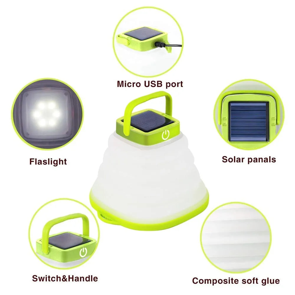 Collapsible camping lantern in Black or Green with solar panel, USB charging, 160lm warm white light, IP68 rating, and 2.5cm folded thickness