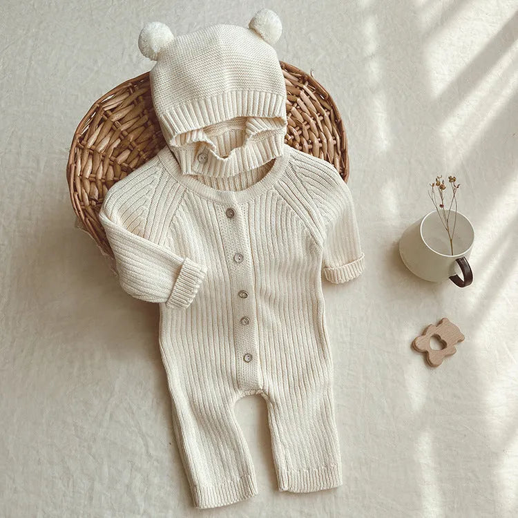 Cotton long one-piece knit baby bodysuit, unisex, single breasted, beige or light coffee, sizes S-XL, optional hat