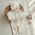 Cotton long one-piece knit baby bodysuit, unisex, single breasted, beige or light coffee, sizes S-XL, optional hat