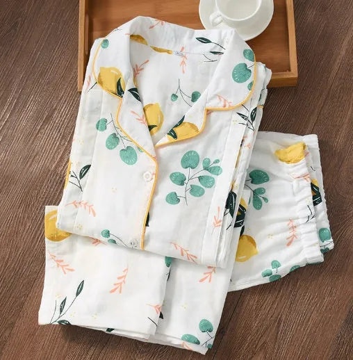 Cotton thin maternity pajama set with turn-down collar and bell sleeves in solid natural colour