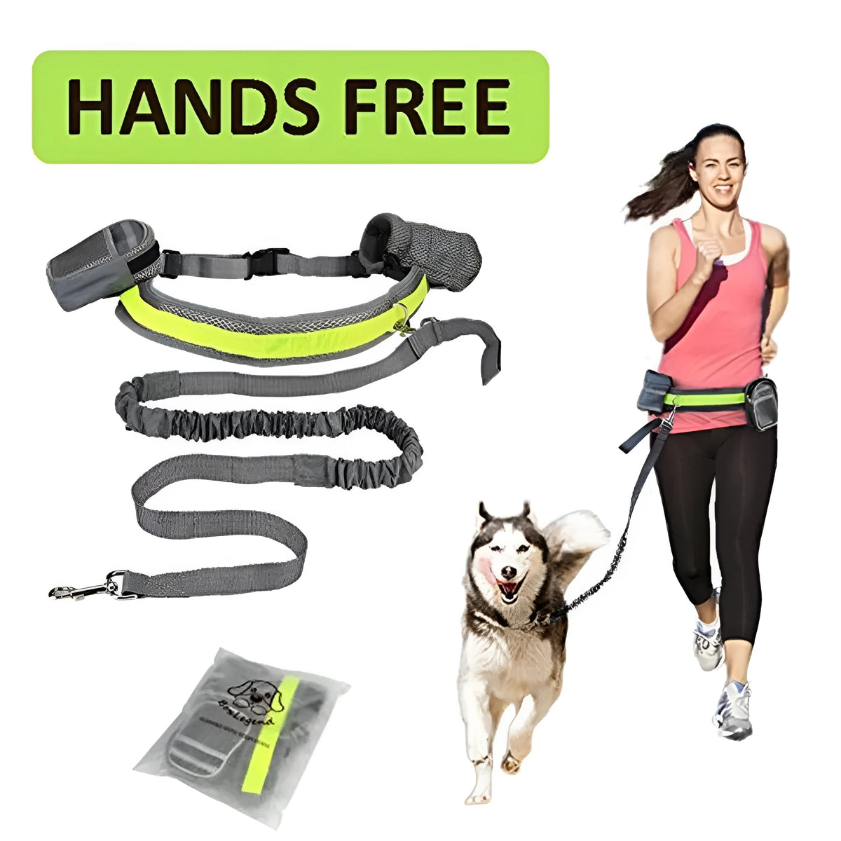 Adjustable hands-free dog leash set with 144cm nylon rope, 78-110cm waist belt, waist bag, and sundries bag