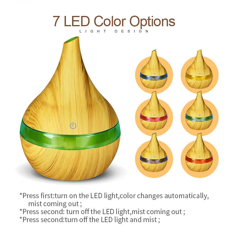 LED essential oil diffuser in wood grain finish, 12x11cm, USB powered, fireproof ABS and PP